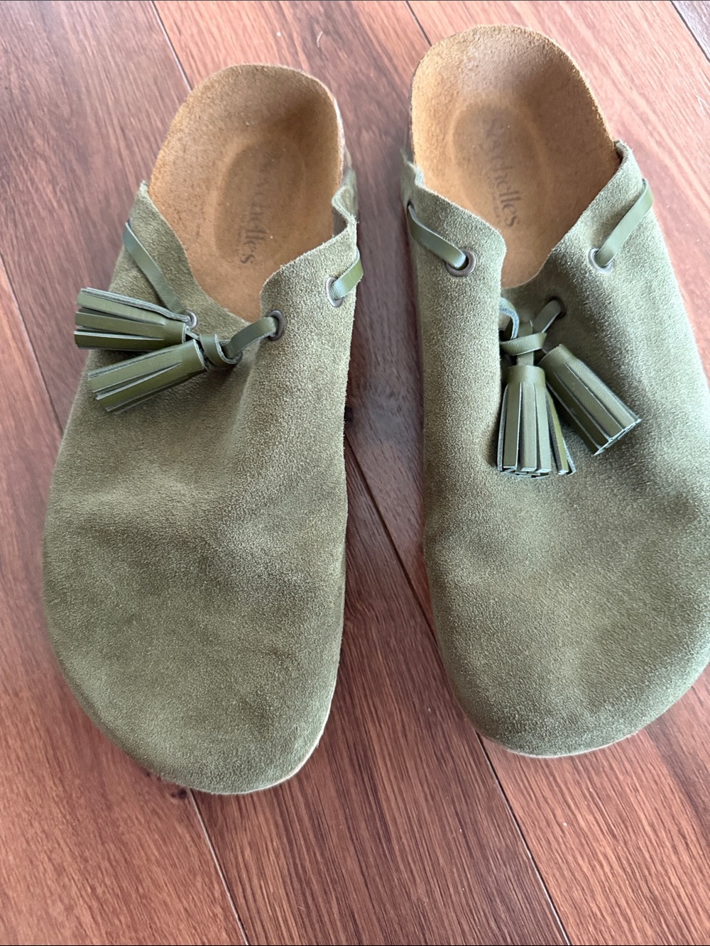 Seychelles Olive Green Suede Slip-On Mules with Tassel Detail